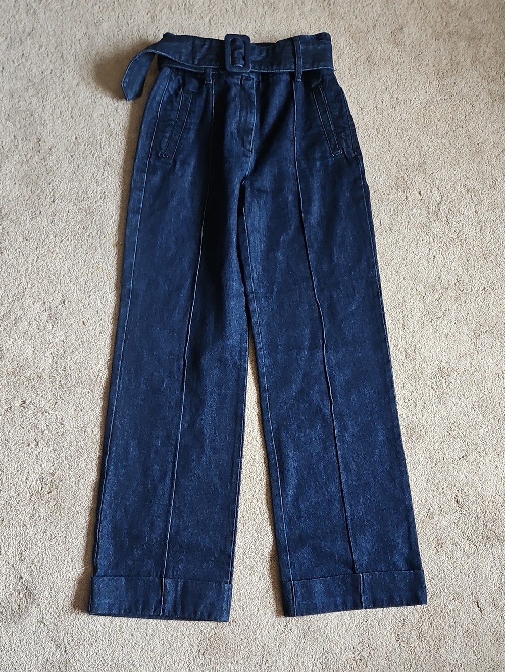 Sezane High-Waist Belted Wide Leg Trousers - Dark Indigo